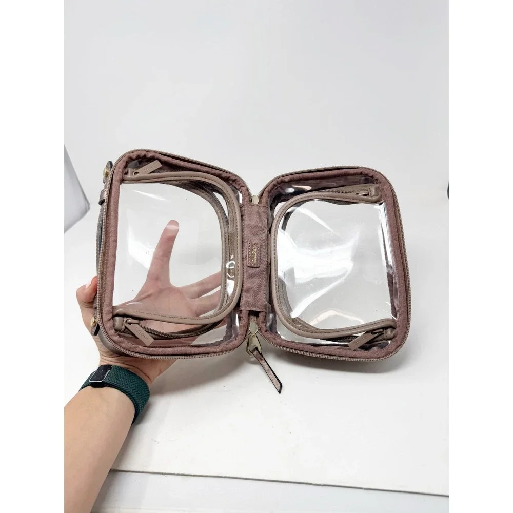 Calpak Small Clear Cosmetics Case In Mocha Makeup Toiletry Travel Bag Dual Zip